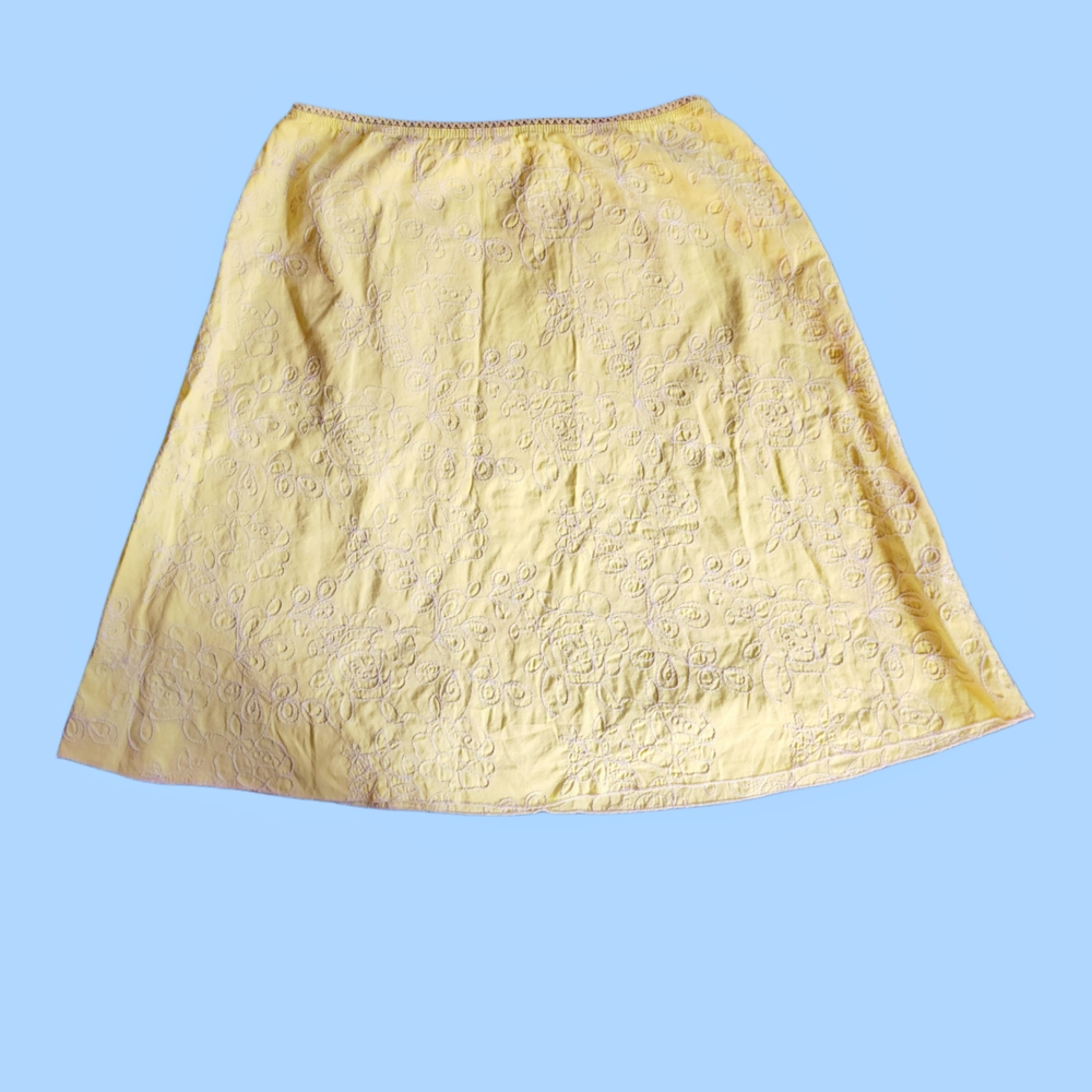 Vintage Von Mozart Y2k Yellow Chartreuse White Floral Embroidered Skirt Size M